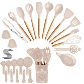 4 Colors Options -- Set Of 35Pcs Kitchen Cooking Utensils Set Spatula Set Baking Utensil Set Kitchen Accessories Necessities With Holder Egg Whisk Sep (Option: Khaki)